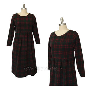 Vintage 90s Plaid Midi Dress Size S M Green Maroon Grunge Tartan Cottage Trad